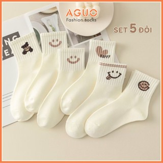 Tất nữ set 5 đôi trắng họa tiết dễ thương, tất vớ chất liệu cotton co dãn thoáng khí - Aguo Shop