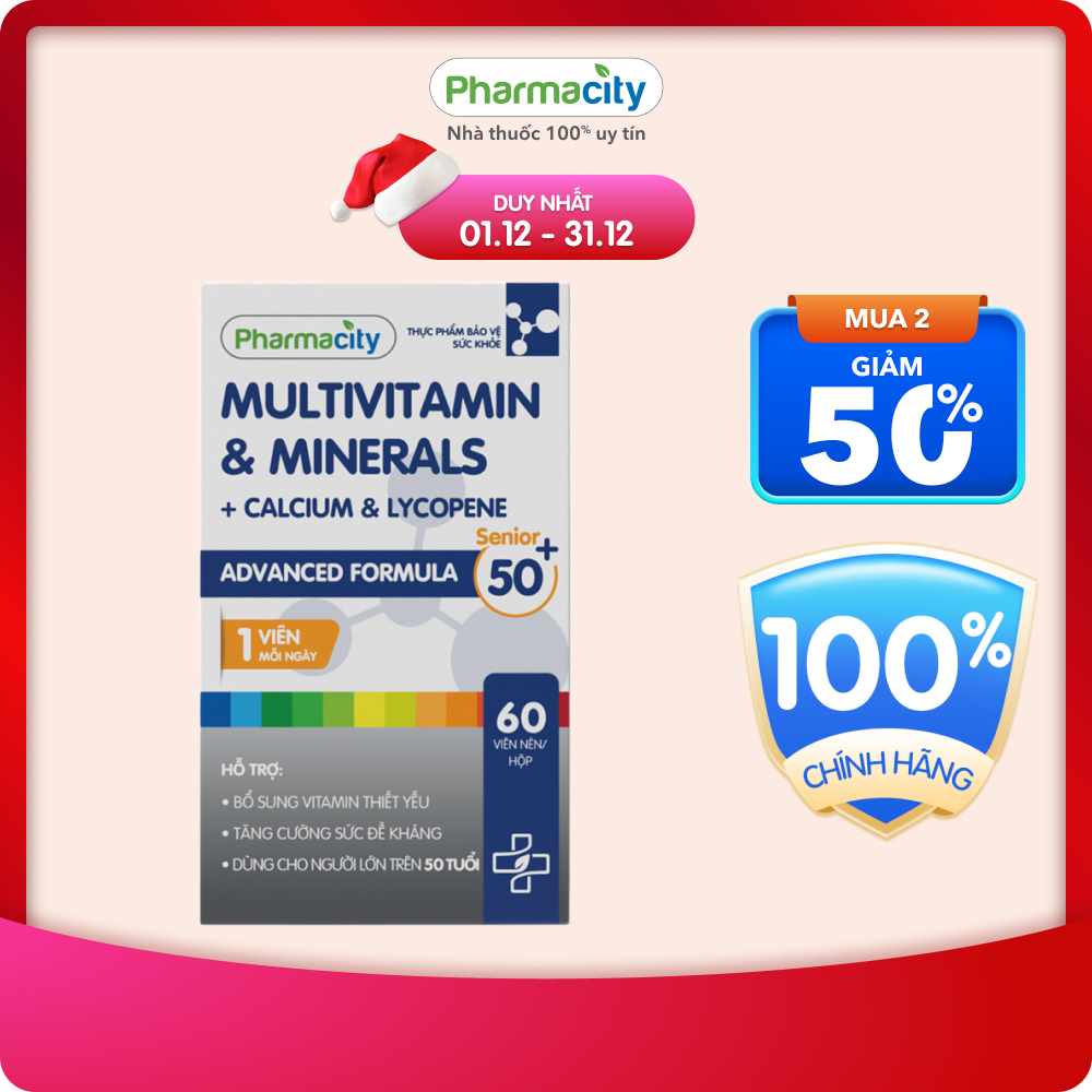 Thực phẩm Pharmacity bảo vệ sức khỏe Advanced Formula Senior 50+ Multivitamin&Minerals+Calcium & Lycopene (Chai 60viên)