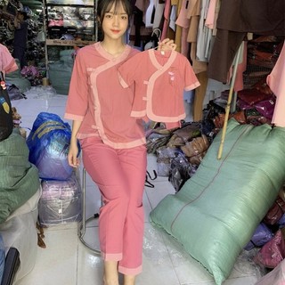 (TIM PHỐI 7-70KG)Bộ đồ lam đi chùa trẻ em vải Kate, Quần áo phật tử mẫu tim phối mẹ và bé bán riêng từ 7-70kg