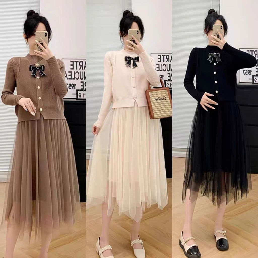 Set Váy Nữ Phối Gile Len Nơ Cách Điệu Xinh Hết Nấc