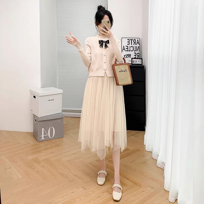 Set Váy Nữ Phối Gile Len Nơ Cách Điệu Xinh Hết Nấc