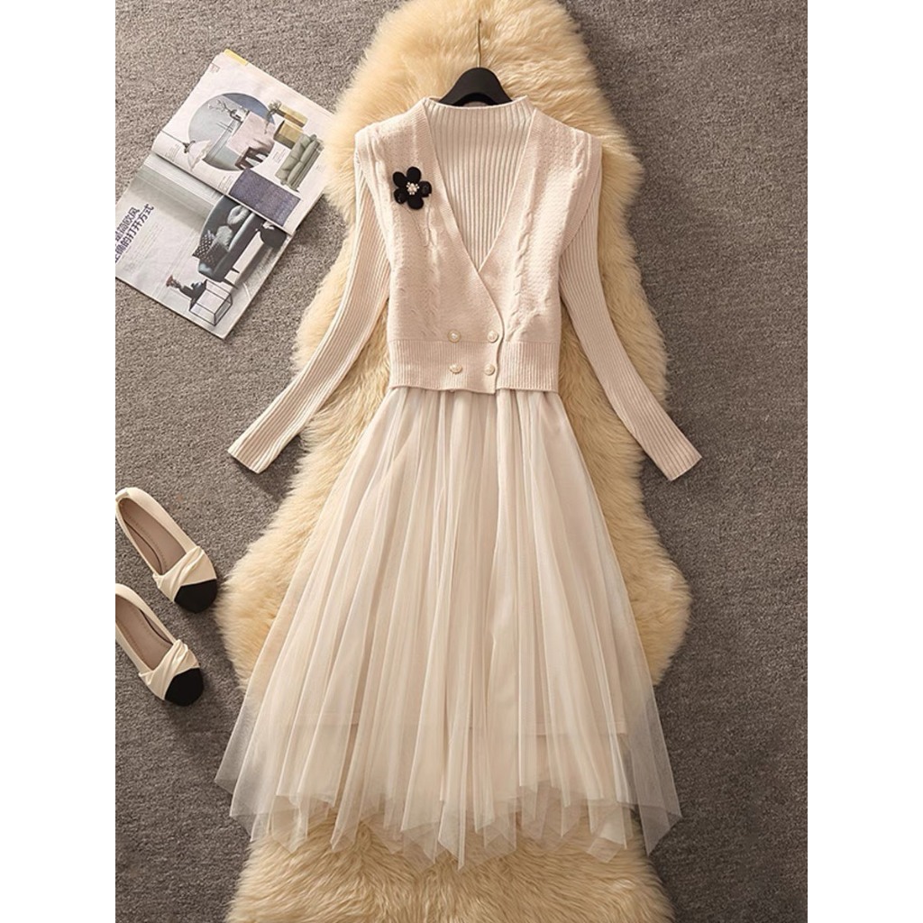 Set Váy Phối Gile Len Cực XInh Phong Cách Hàn Quốc