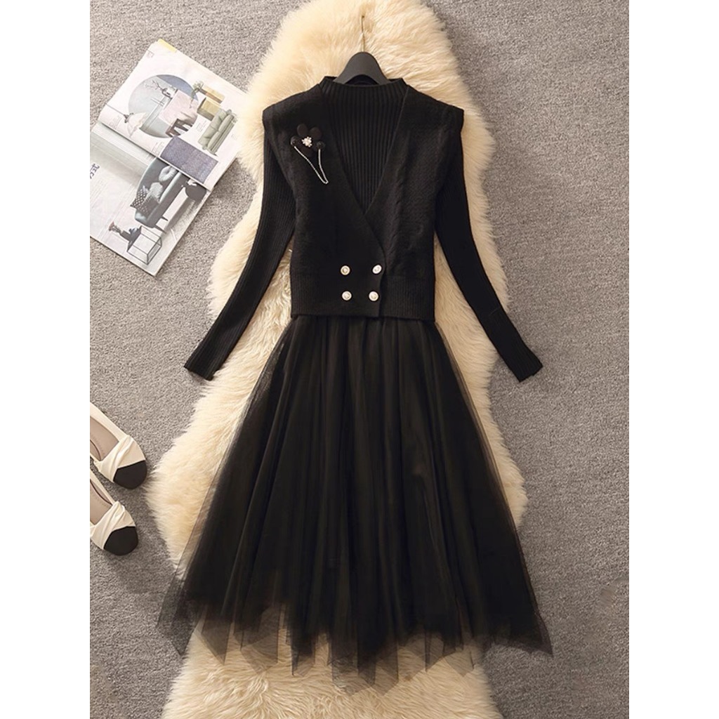 Set Váy Phối Gile Len Cực XInh Phong Cách Hàn Quốc