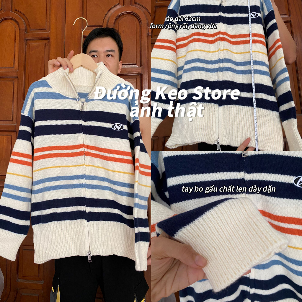 SẴN Áo khoác cardigan len có khoá sọc ngang nhiều màu cầu vồng cổ polo hàng QC tay bo gấu siêu xinh ulzzang