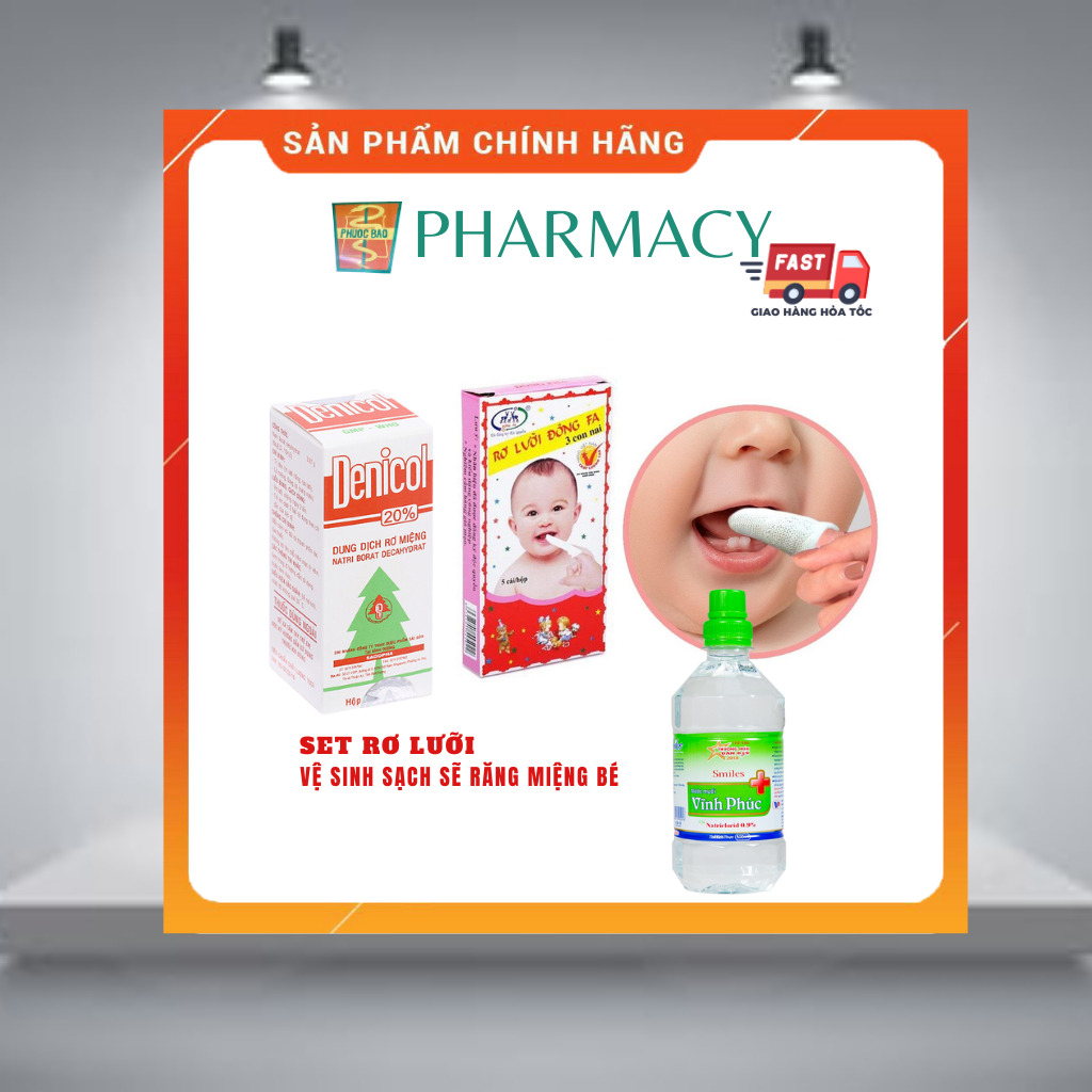 Set dụng cụ rơ lưỡi miệng em bé 3 món, dung dịch rơ miệng Denicol, nước muối sinh lý Vĩnh Phúc, gạc Đông Pha