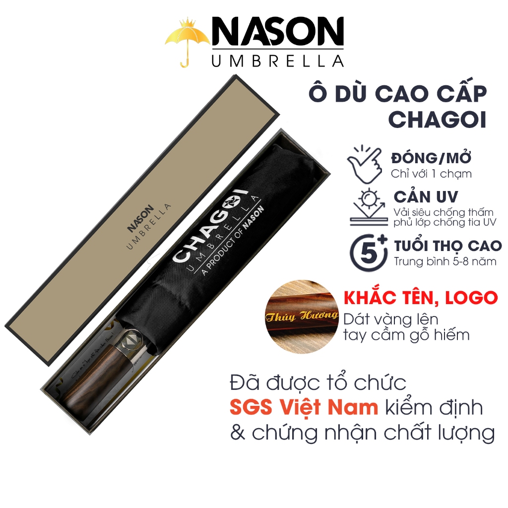 Ô dù tự động gấp gọn cao cấp Nason Umbrella Chagoi cán gỗ hiếm, khắc tên, logo dát vàng, dù gấp gọn che nắng che mưa chố