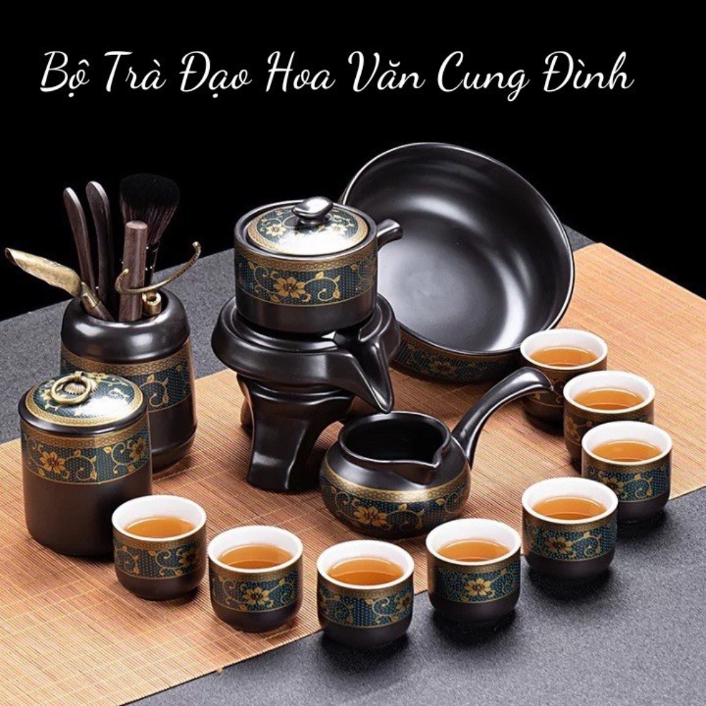 Bộ Ấm Chén Uống Trà Cối Xay Cao Cấp Hoa Văn Tinh Tế Đẹp Mắt, Bộ Ấm Chén GỐM SỨ KUNGFU Kèm Hộp Quà Tặng