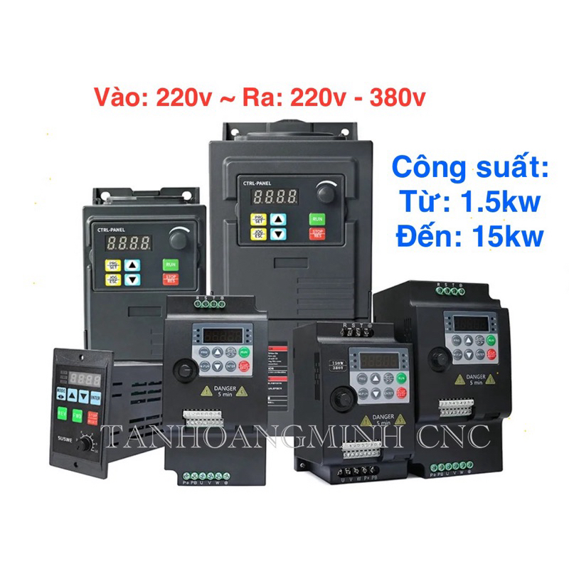 Biến Tần 1.5kw, 2.2kw, 4kw VFD. Vào 1 pha 220v ra 3 pha 220v-380v. Có Bảo Hành, Hàng mới 100%