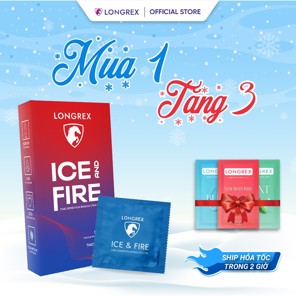 Bao cao su siêu mỏng Longrex Ice & Fire ấm nóng mát lạnh, nhiều gel bôi trơn hương vani dịu nhẹ mã LR011