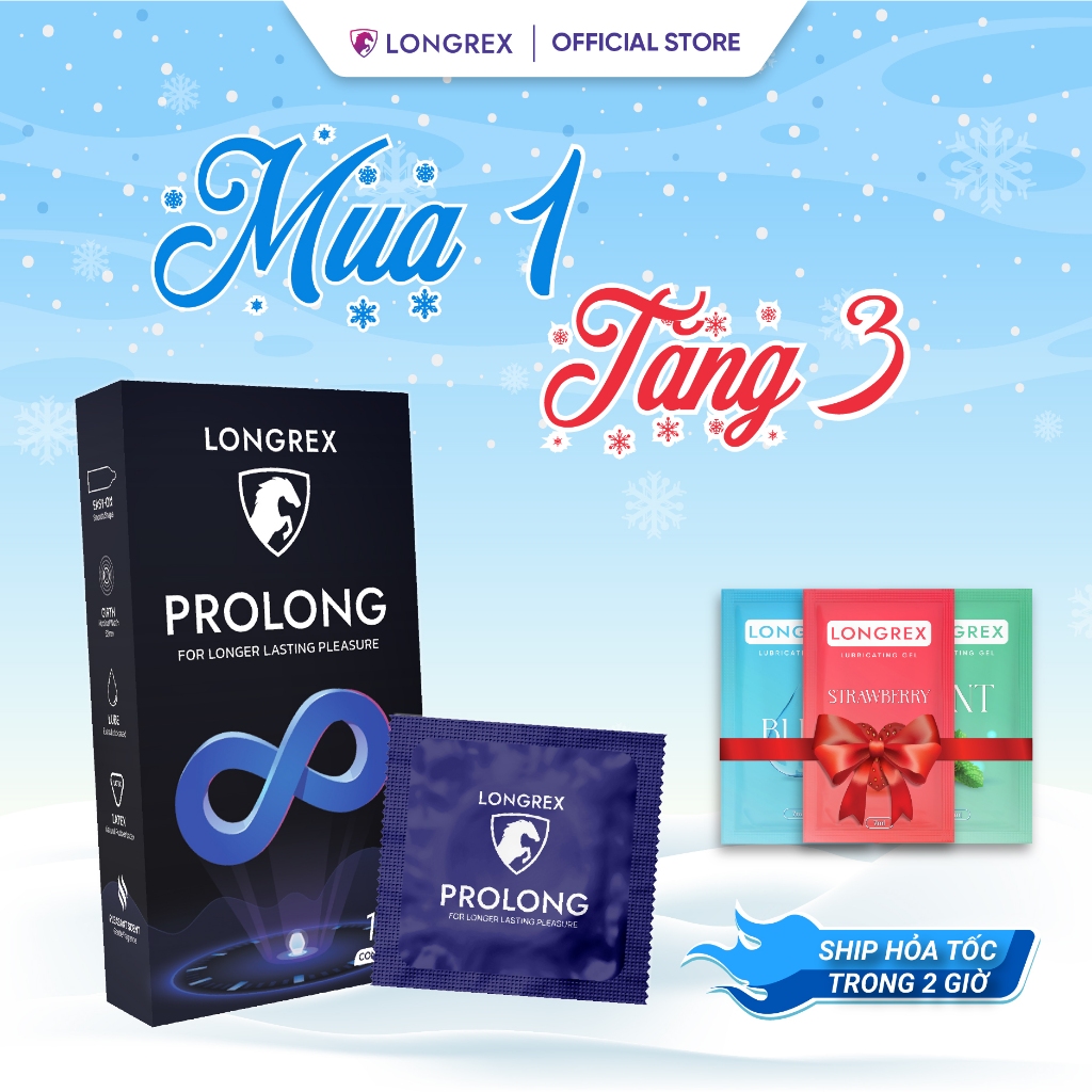 Bao cao su kéo dài thời gian Longrex Prolong siêu mỏng , nhiều gel bôi trơn hộp 10c LR07