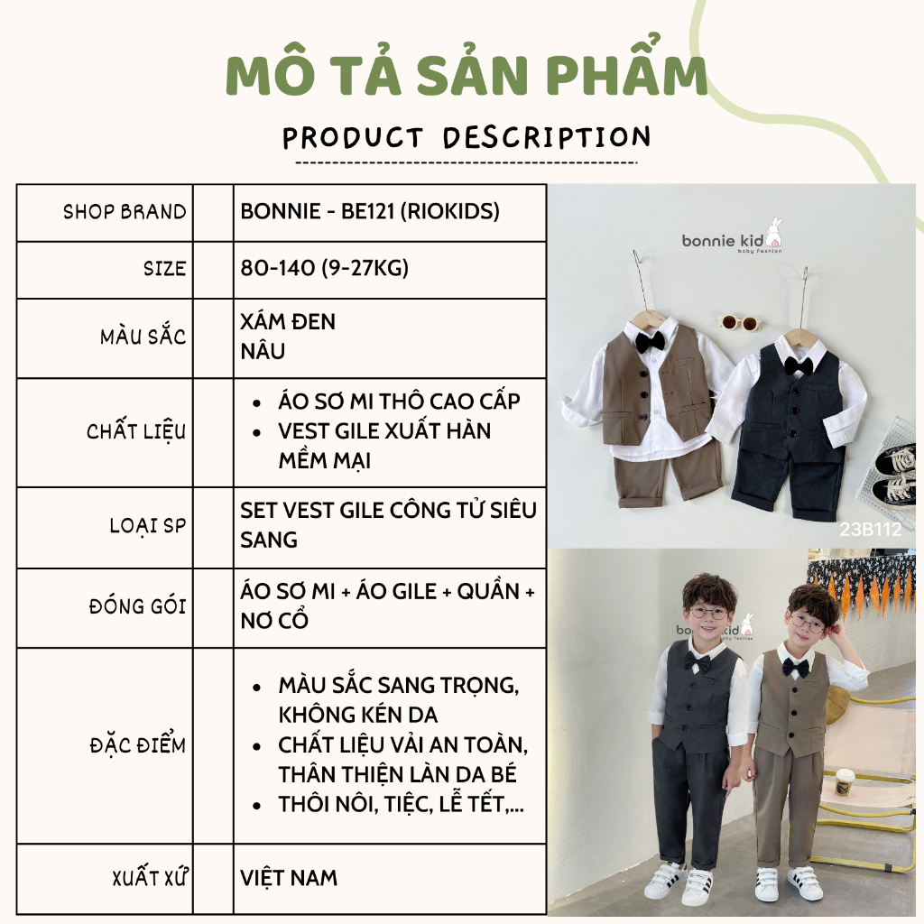 Bộ gile công tử bé trai BONNIE, quần áo cho bé đi tiệc, đi chơi sang chảnh BE121