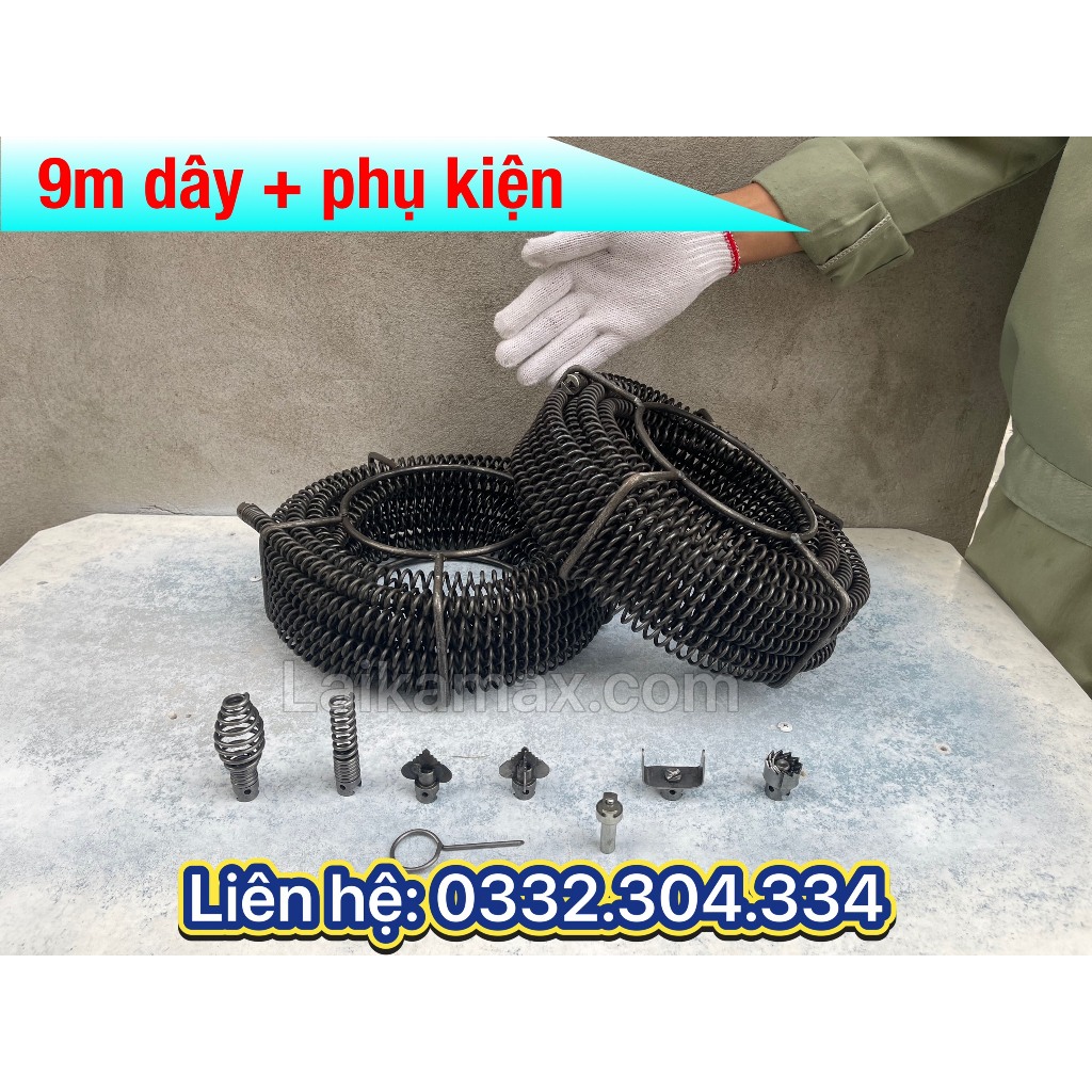 Dây lò xo thông cống dùng cho máy khoan dài 9M ( 9M + Bộ 6 đầu thông + Đầu kết nối máy khoan )