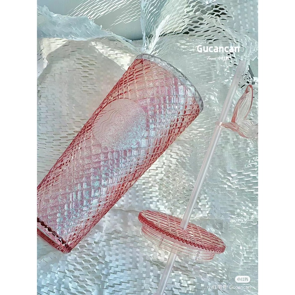 Ly giữ nhiệt Starbucks Jeweled Pink 710 ml, Bình nước nhựa 2 lớp kèm topper đuôi cá Qimato