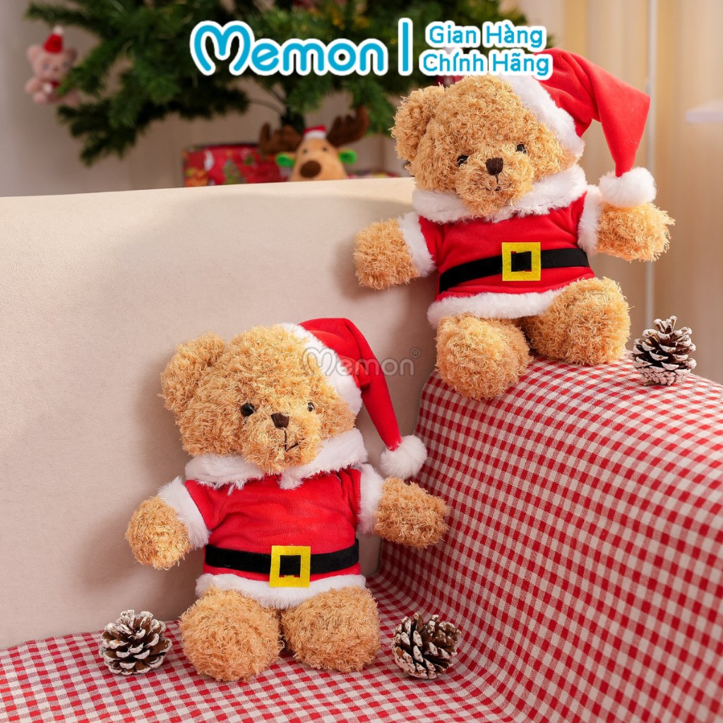 Gấu Bông Teddy Head Áo Mũ Noel 30cm Quà Tặng Giáng Sinh Mềm Mịn Đáng Yêu Memon