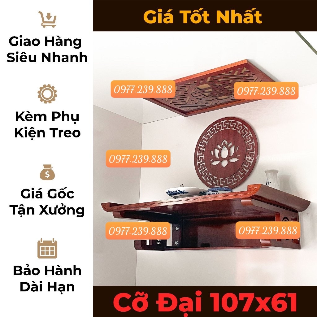 Bàn thờ treo tường gỗ sồi 107cm, 127cm kèm full bộ 4 món