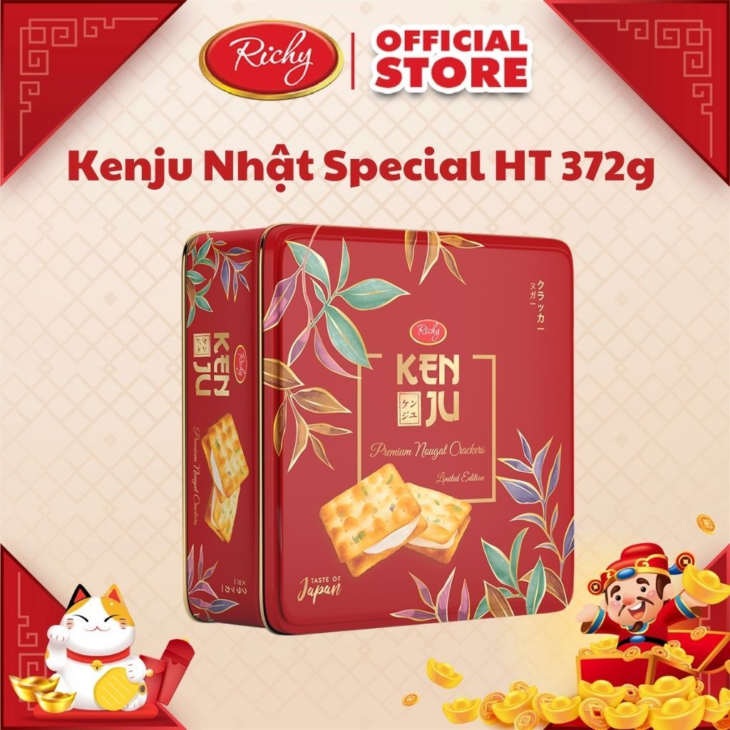 Bánh quy hành kem dẻo Kenju Richy hộp thiếc phiên bản Tết 2024