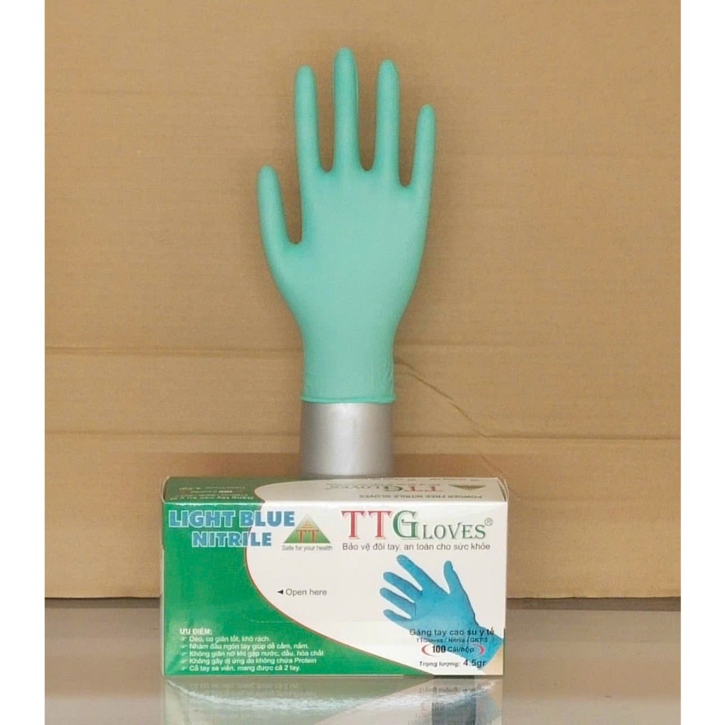 100 chiếc Găng tay cao su Nitrile không bột TTGloves xanh lá định lượng 5.0gr (100 chiếc/1 hộp)