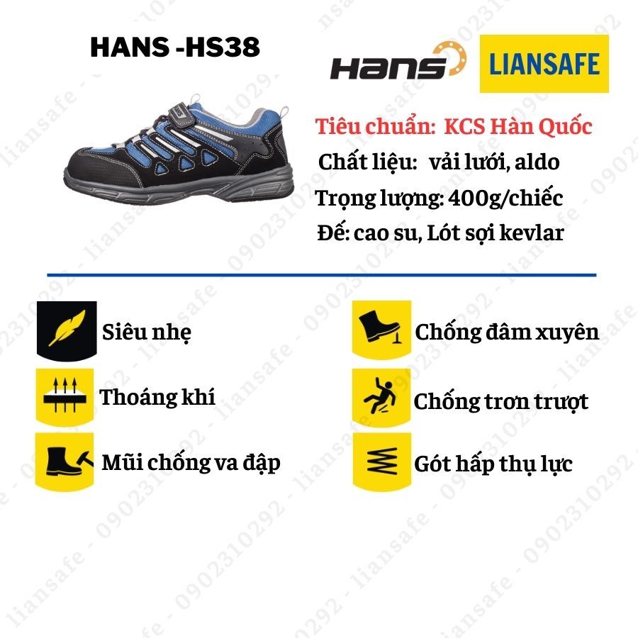 Giày bảo hộ lao động nam siêu nhẹ Hans Hs38 Hàn quốc - Giày mũi sắt chống đinh dáng thể thao thời trang công trình