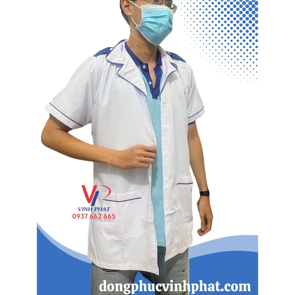 Áo Blouse Trắng Nam Nữ Viền Lé Xanh Tay Ngắn Có Cầu Vai - Áo Blouse Sinh Viên, Bác Sĩ, Y Tá, Nhà Thuốc (Hình Thật)