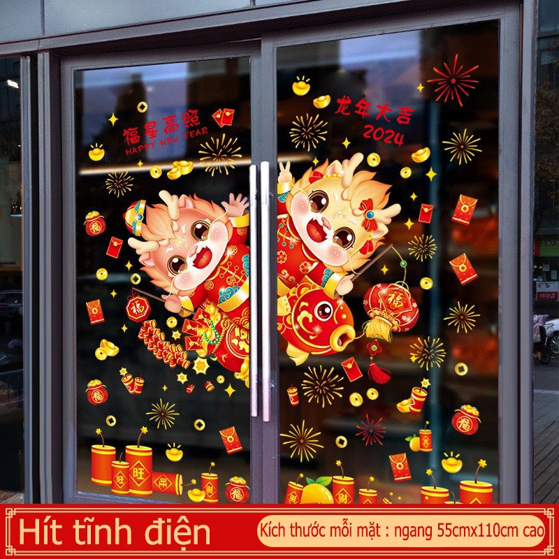 Decal dán tường TẾT hít tĩnh điện - Cành Mai sắc đỏ túi tiền lớn phát tài