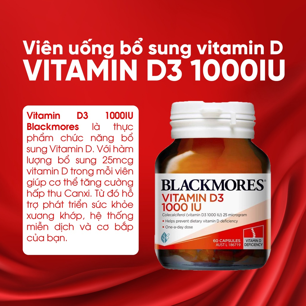 Bổ sung Vitamin D3 1000IU giúp tăng khả năng hấp thụ canxi vào xương Blackmores Vitamin D3 1000IU của Úc 60 viên