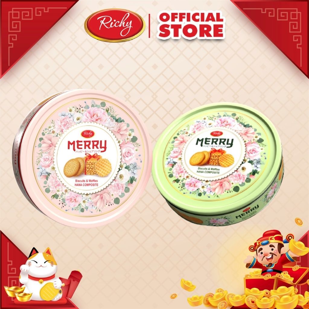 Bánh quy cookie Merry Richy hộp thiếc phiên bản hoa xanh, hồng 333g Tết 2024