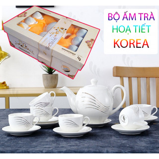 Bộ Ấm Trà Sứ Hàn Quốc Họa Tiết Kèm 6 Chén Uống Trà Hình Hoa