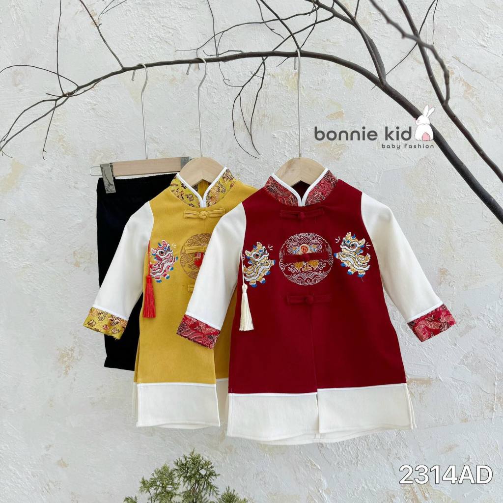 Áo dài song lân cầu tài kèm quần kaki cho bé