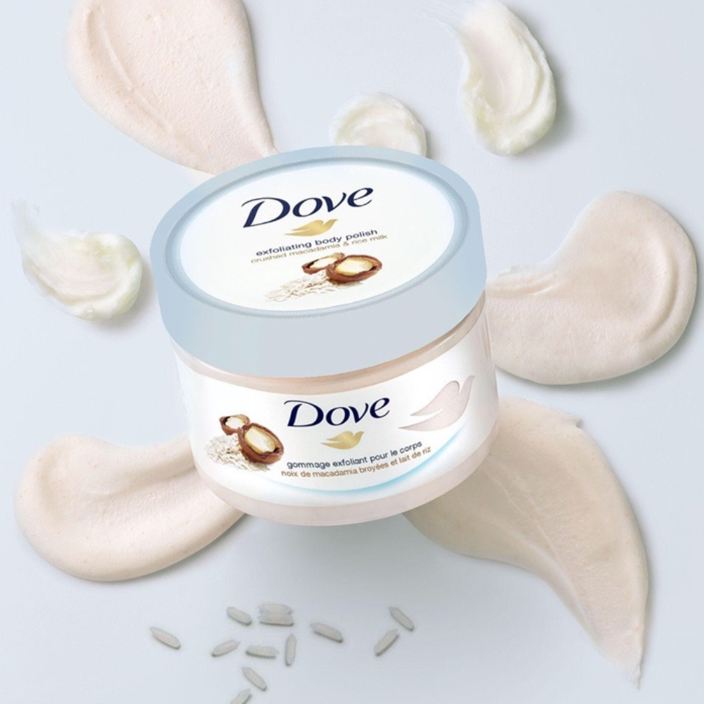 Tẩy Da Chết DOVE Body Scrub Macca và Lựu Dỏ Giúp Da Mịn Màng 225g