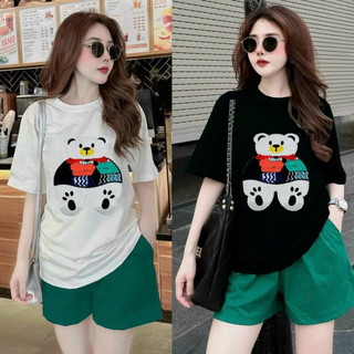 Sét short nữ thun cotton thêu hoạ tiết gấu