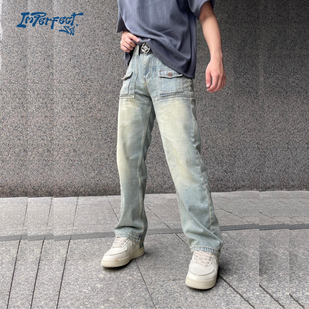 Imperfect - Quần ống rộng jean túi kép , quần jean nam ống rộng dài phủ giày N0.9