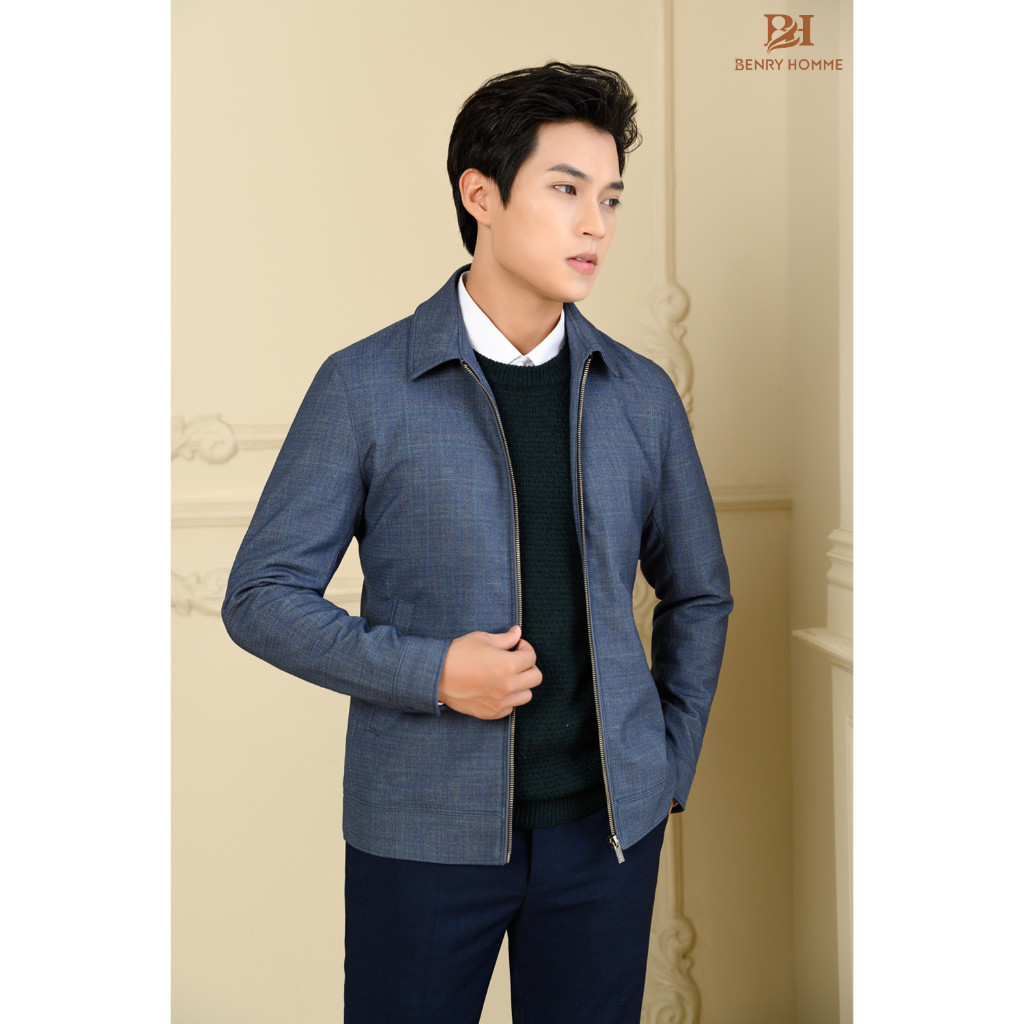 Áo khoác nam Benry màu xanh ghi đá, chất liệu sợi lông cừu phong cách Hàn Quốc JK18128GR
