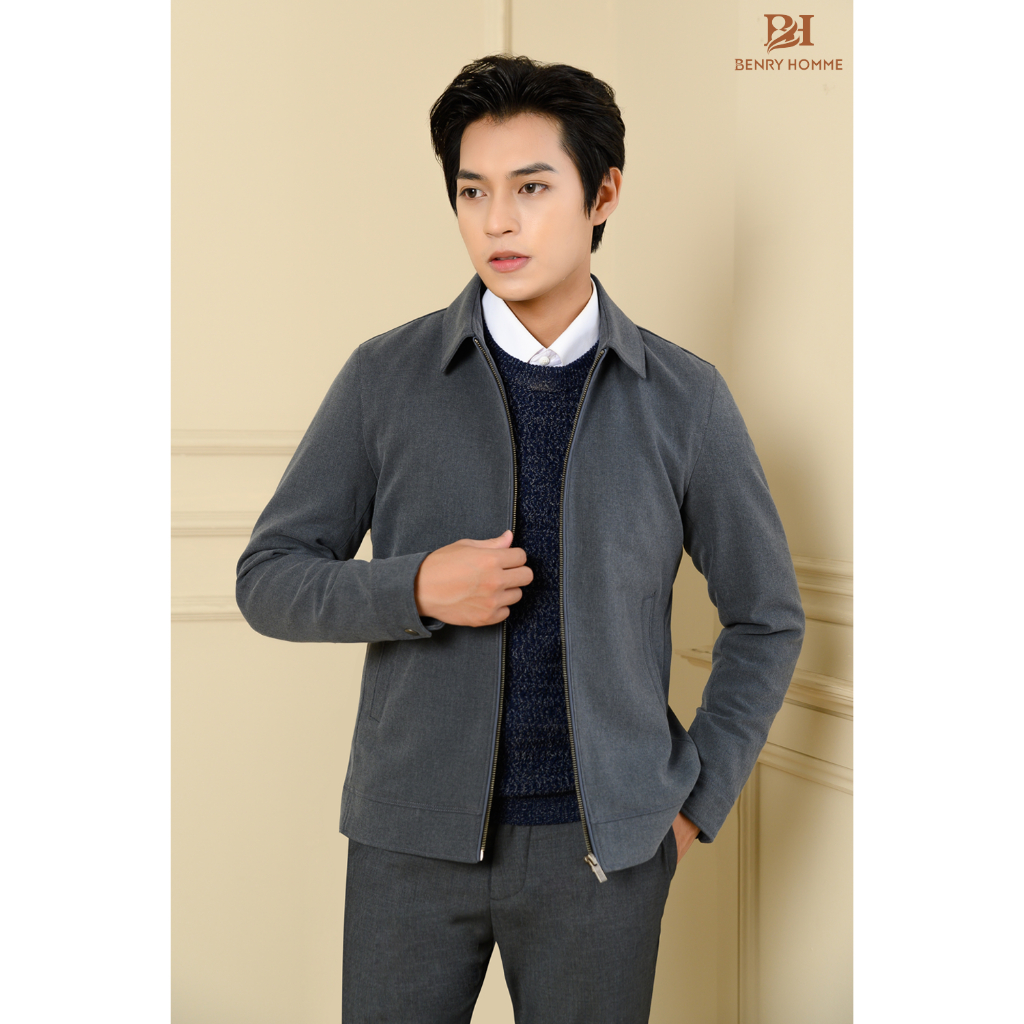 Áo khoác nam Benry màu ghi, chất liệu sợi lông cừu phong cách Hàn Quốc JK18129GR