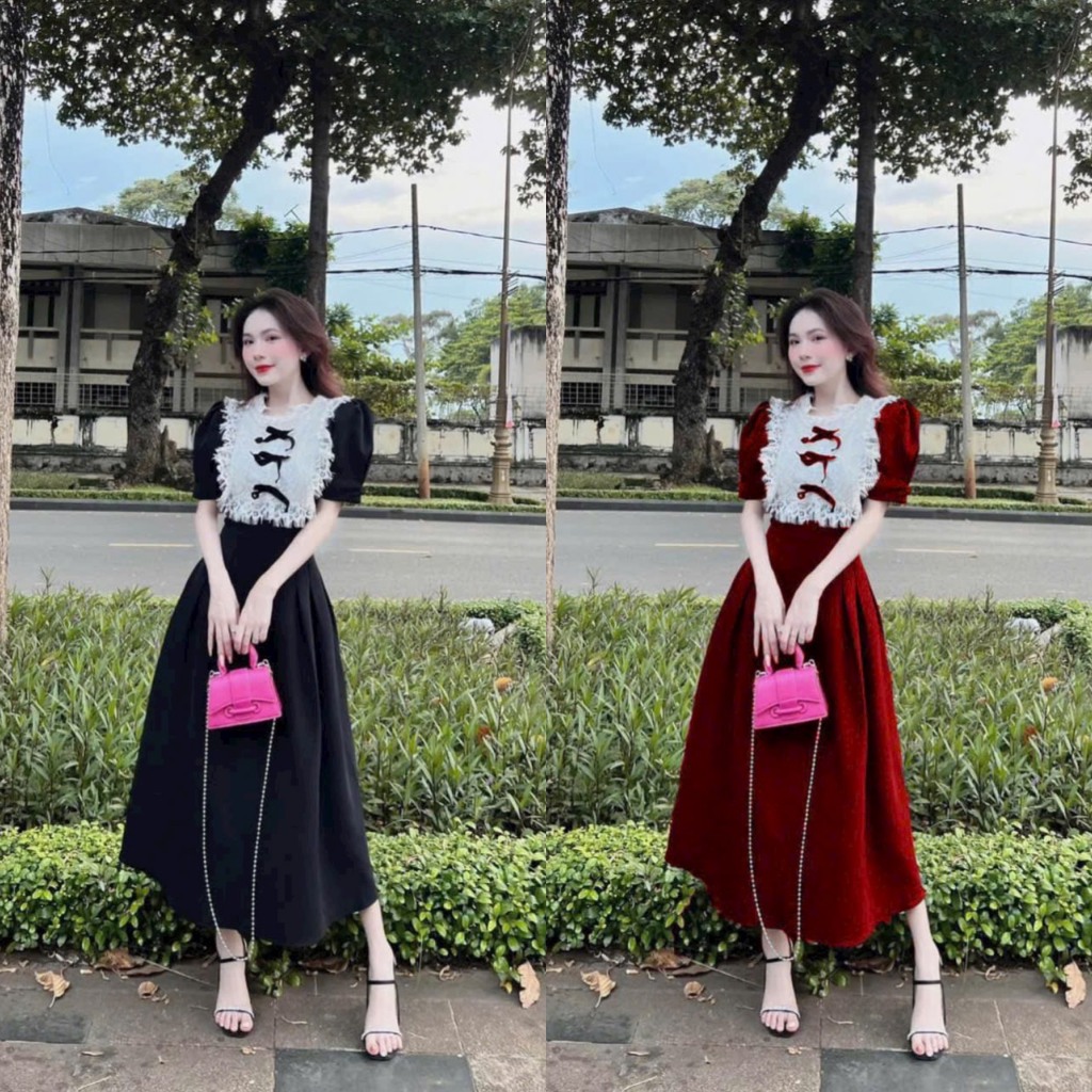 Đầm váy nữ dáng xòe tiểu thư sang chảnh phối cổ ren phối nhung dáng dài xinh xắn dự tiệc đi chơi trẻ trung