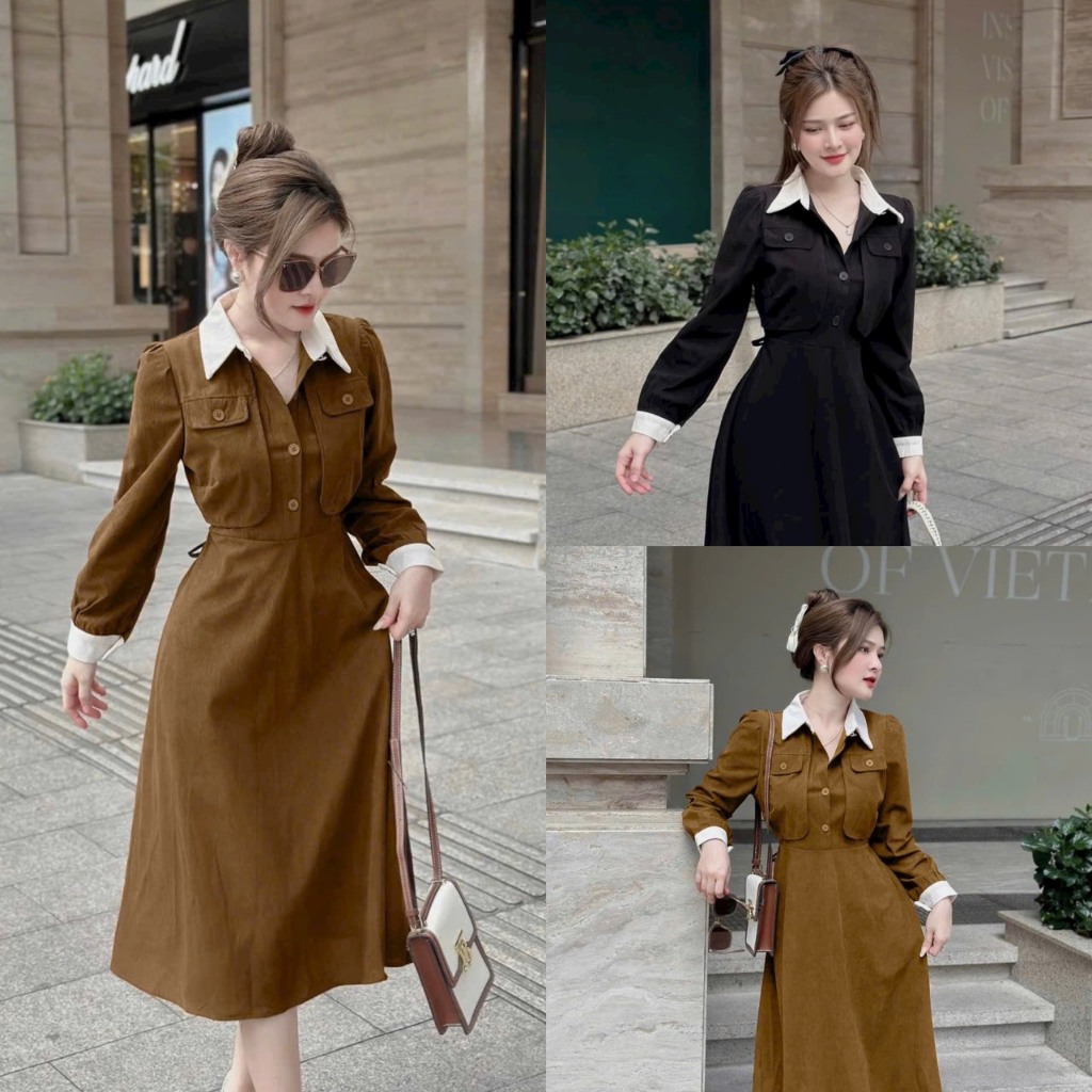 Đầm váy nữ dáng xòe cổ sơ mi 2 màu họa tiết rút dây eo trẻ trung quý phái dự tiệc sang chảnh