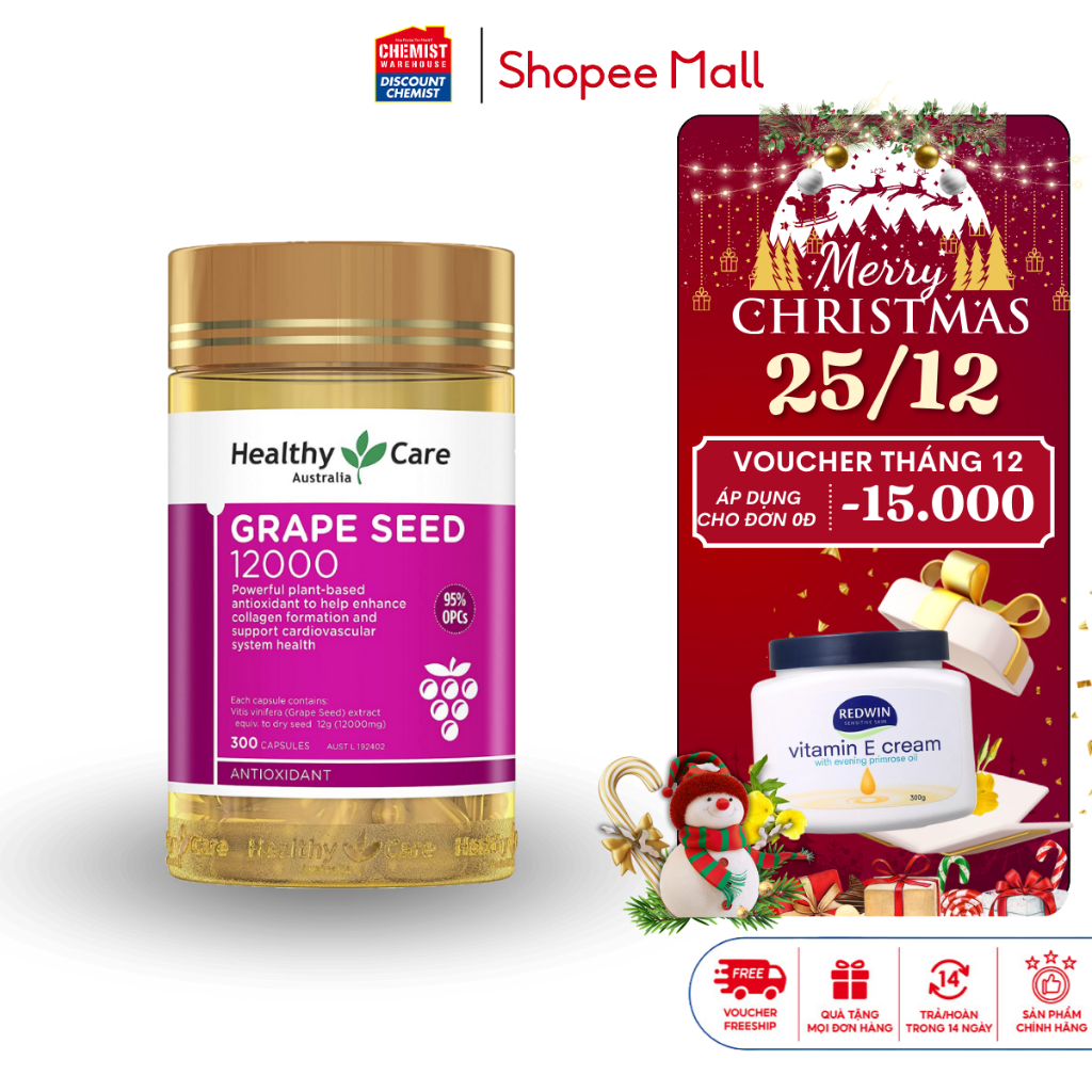 Viên uống tinh chất nho giúp lưu thông máu Healthy Care Grape Seed 12000mg 300 viên của Úc