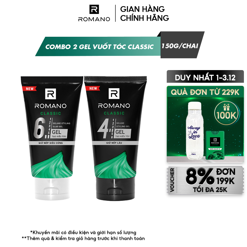 Combo 2 Gel vuốt tóc Romano Classic giữ nếp lâu và giữ nếp siêu cứng 150g/chai