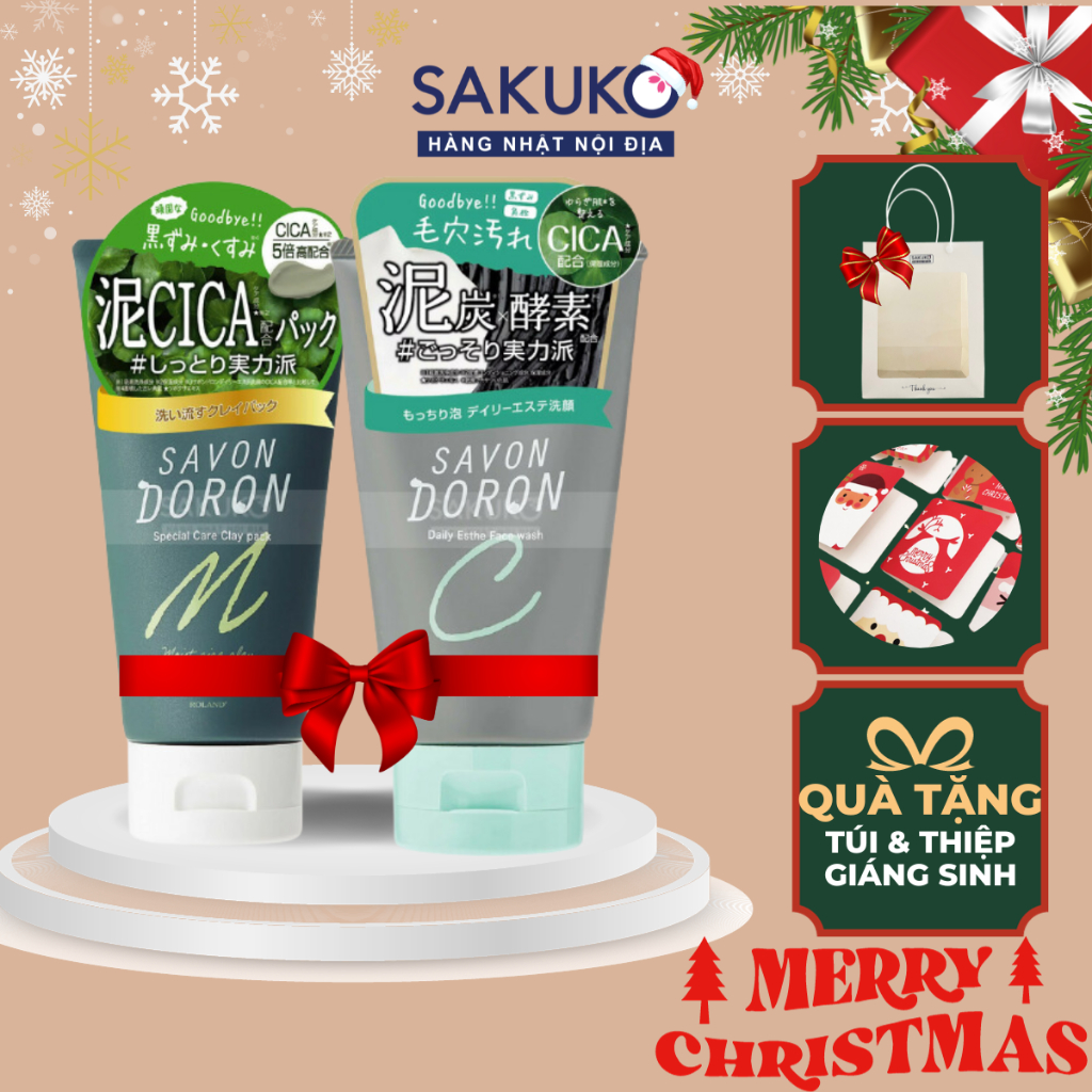Combo sữa rửa mặt & mặt nạ đất sét Savon Doron ROLAND kèm túi quà tặng SAKUKO nội địa Nhật