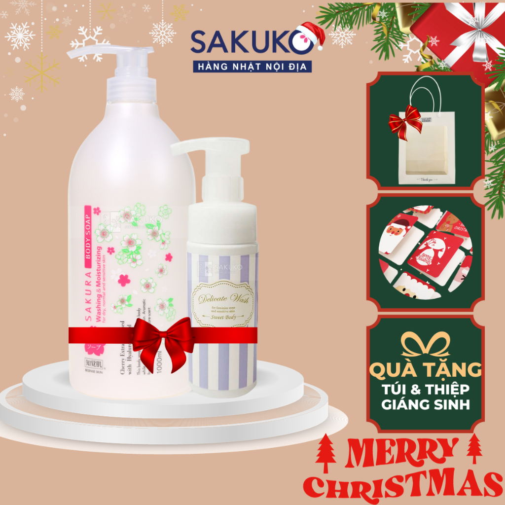 Combo sữa tắm hoa anh đào & dung dịch vệ sinh Santa Marche kèm túi đựng quà tặng nội địa Nhật SAKUKO