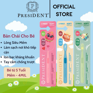 Bàn chải đánh răng trẻ em PresiDENT Kids Lông bàn chải siêu mềm cho Trẻ từ 5 tuổi 4MIL - Soft, Ion bạc kháng khuẩn
