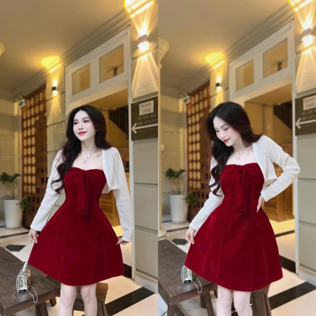 Sét đầm váy nữ phối nhung dáng xòe sang chảnh dễ thương cột nơ ngực mix áo khoắc ren xinh xắn dự tiệc đi chơi