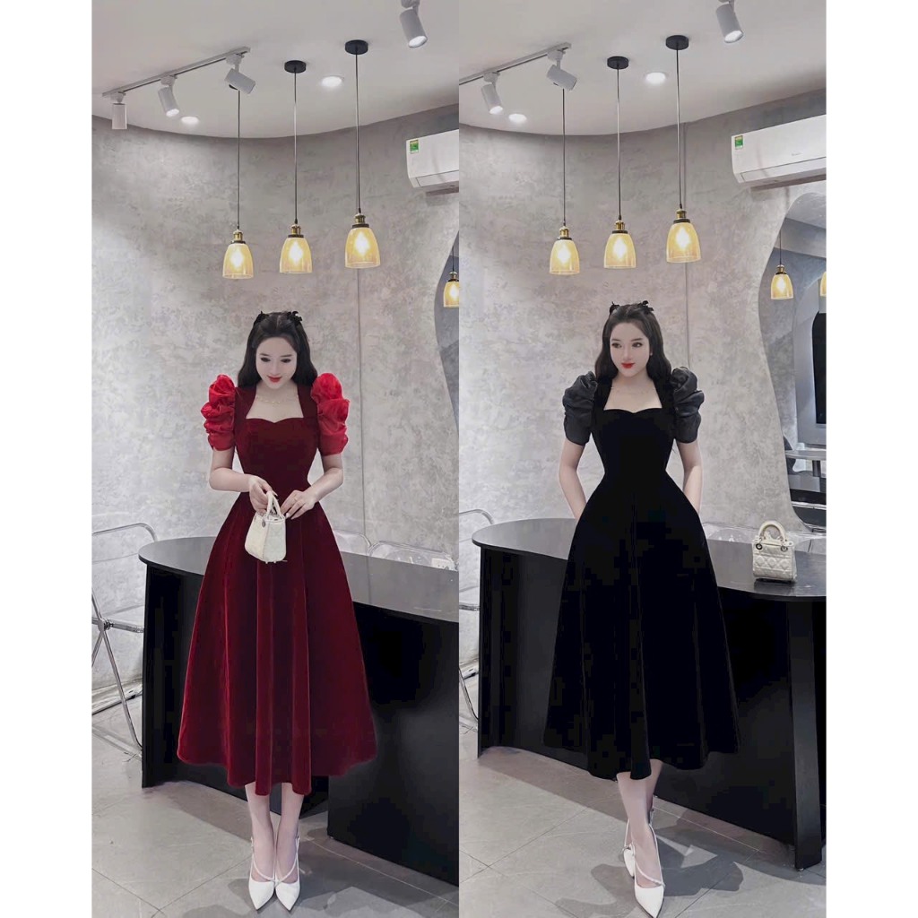 Đầm váy nữ dáng xòe dự tiệc sang chảnh quý phái phối nhung 2 màu tay phồng xinh xắn đi chơi