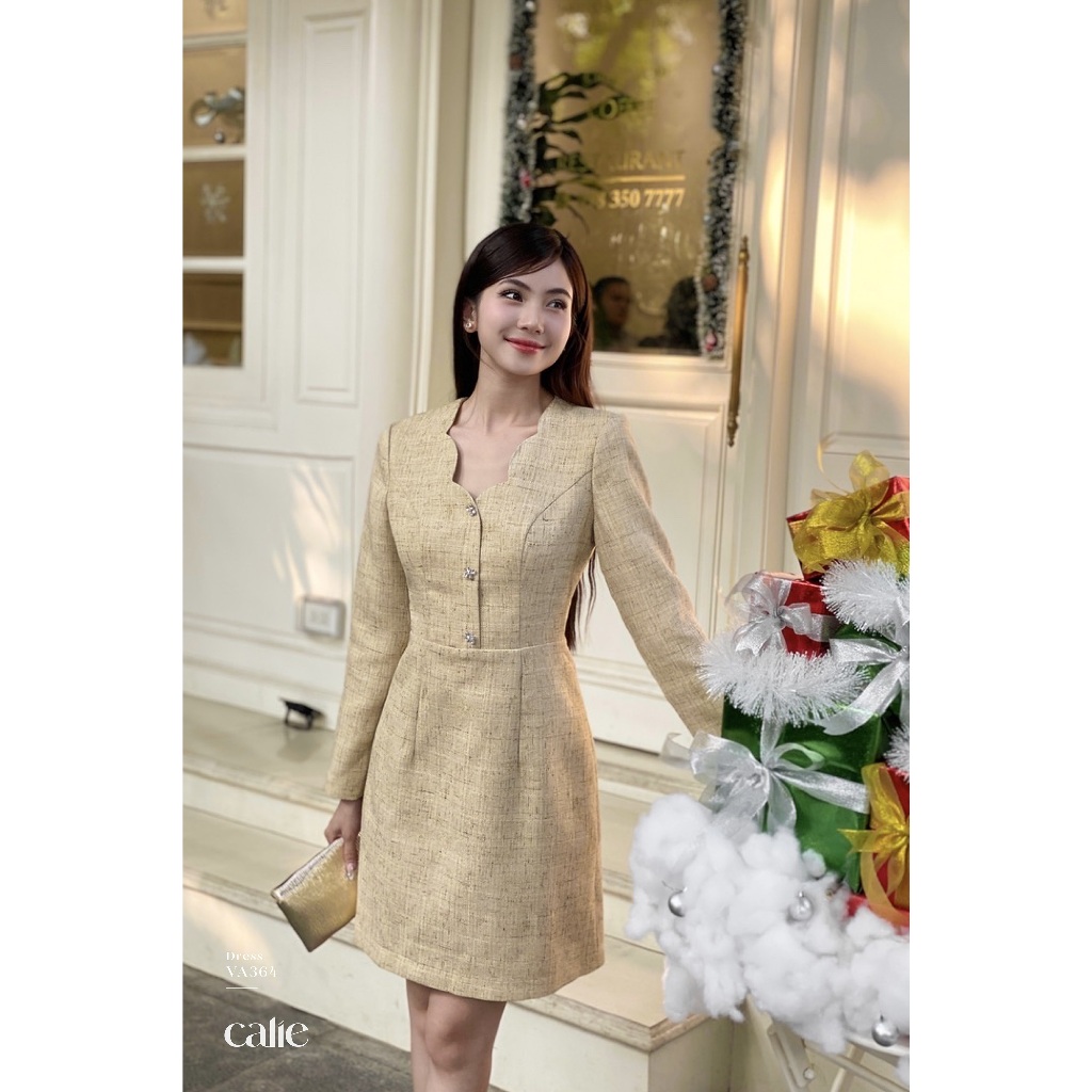 Váy nữ dáng A dài tay cổ lượn đính cúc trang trí CALIE VA364