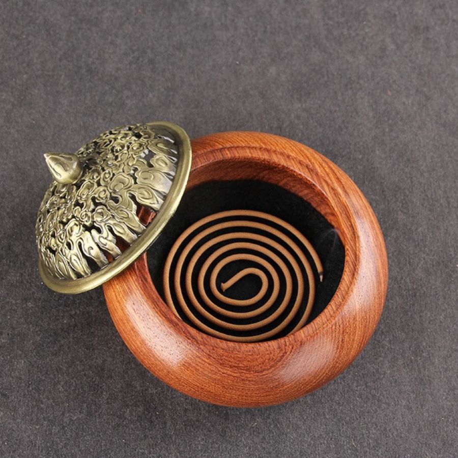 Lư Xông Trầm Gỗ Nắp Đồng_Tặng Kèm Nụ Trầm Viên_Xông Nụ, Khoanh Trầm_Cao 5,5cm_Đường Kính 7,5cm_Giao Ngẫu Nhiên