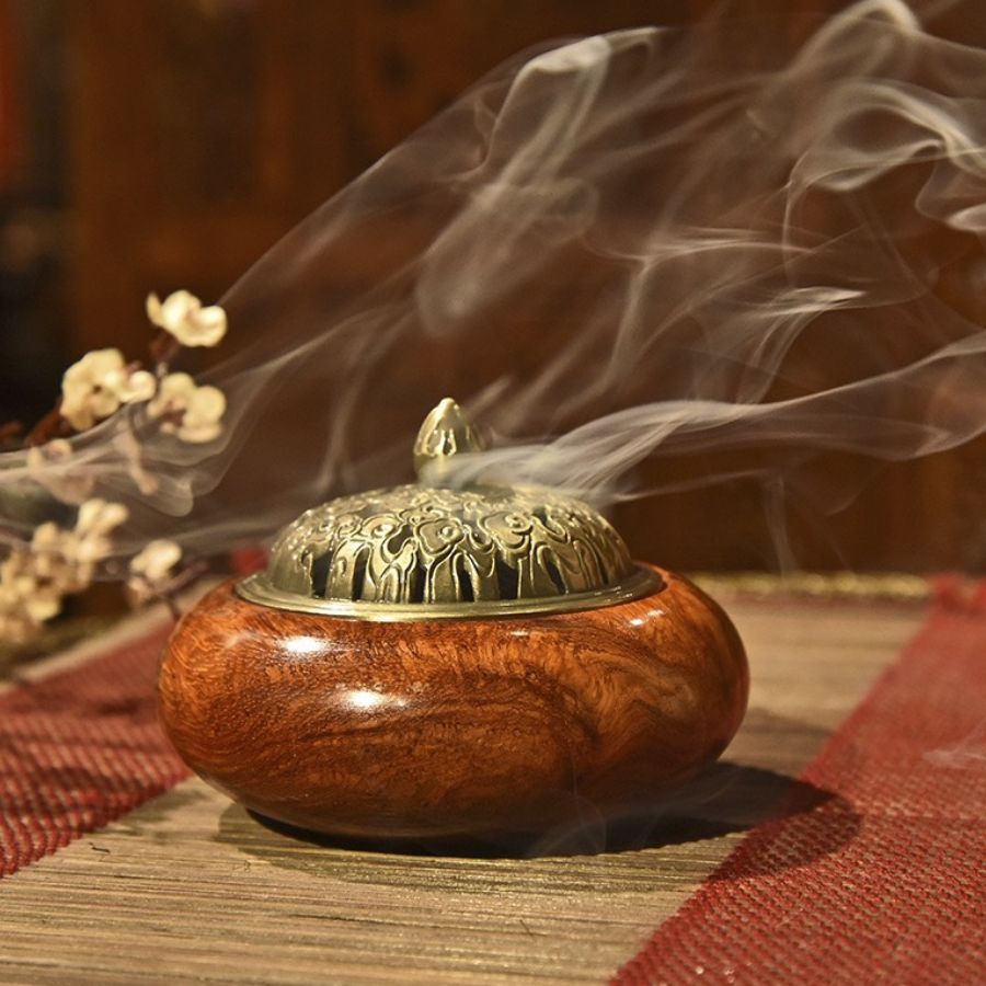 Lư Xông Trầm Gỗ Nắp Đồng_Tặng Kèm Nụ Trầm Viên_Xông Nụ, Khoanh Trầm_Cao 5,5cm_Đường Kính 7,5cm_Giao Ngẫu Nhiên