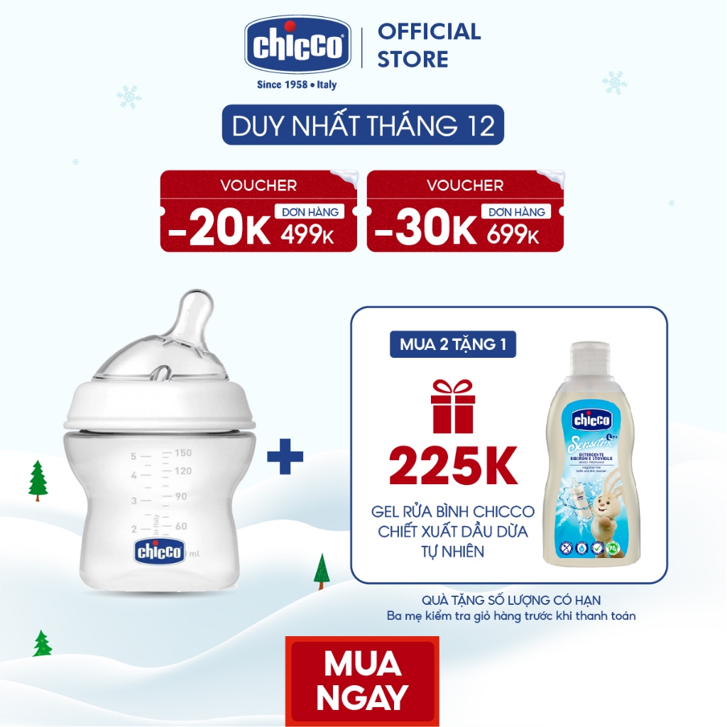 (DUY NHẤT THÁNG 12 - MUA 2 BÌNH TẶNG GEL RỬA BÌNH) Bình sữa núm nghiêng Pisa Natural Feeling 0M+ Chicco 150ml