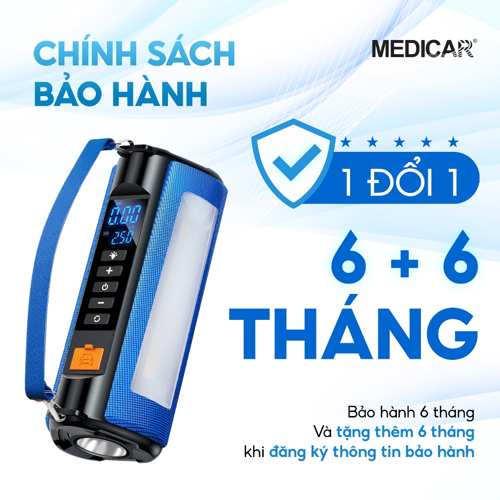 Bơm lốp kích bình xe hơi Medicar 4 trong 1. Bơm 3-5p, kích bình an toàn, bộ sạc dự phòng, bộ đèn chiếu sáng pin 12000mAh