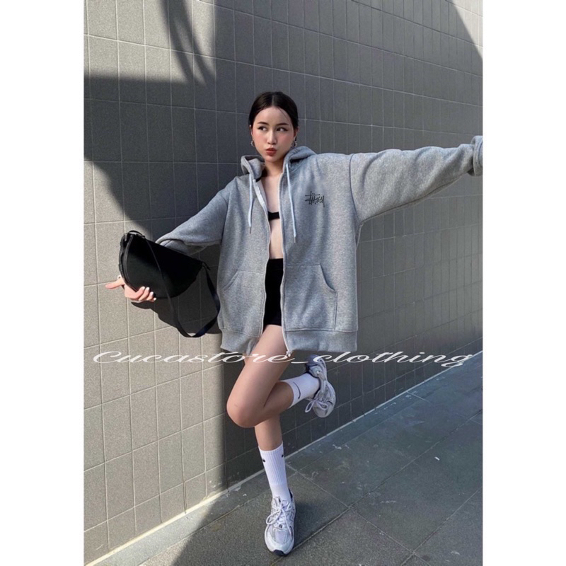 Áo Hoodie zip màu xám tiêu Stussy cao cấp, áo nỉ màu hot trend 2023, cao cấp, hàn quốc
