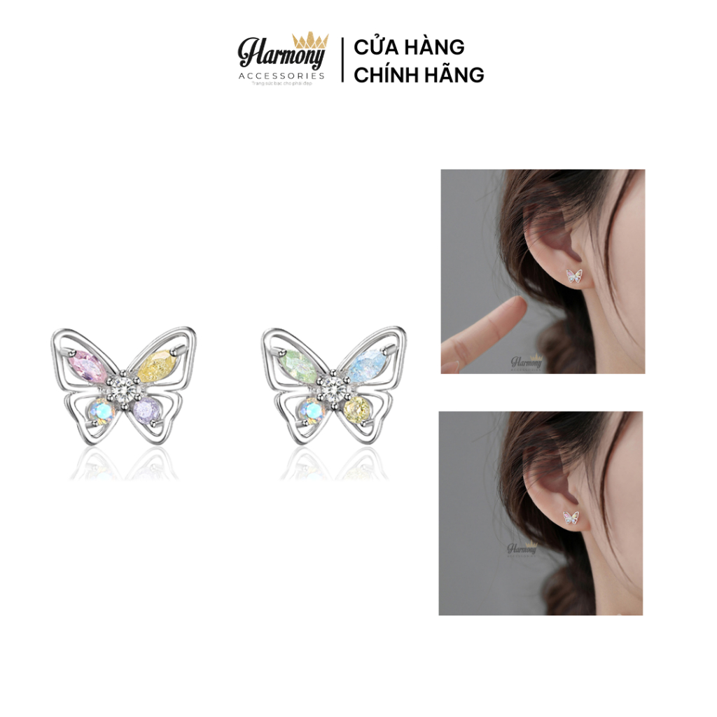 Khuyên tai nữ bạc hồ điệp cánh bướm đính đá nhiều màu Rainbow Butterfly | HARMONY ACCESSORIES K254