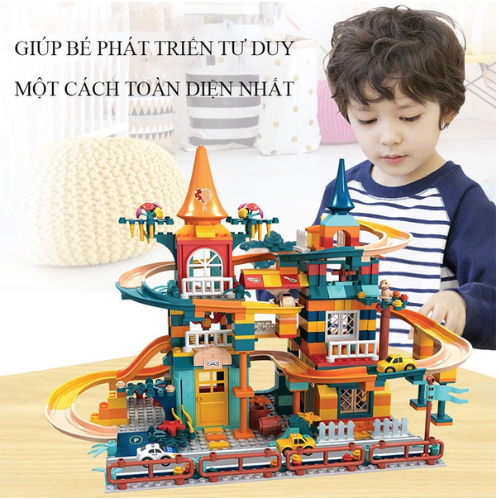 Đồ chơi trẻ em xếp hình tháp cầu trượt vòng xoay mặt trời tặng kèm oto, Đồ chơi thông minh làm từ nhựa ABS cao cấp.